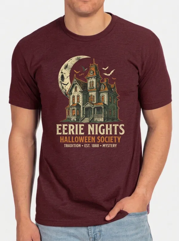 Men's Halloween Haunted House Moon Bats Printed T-shirt