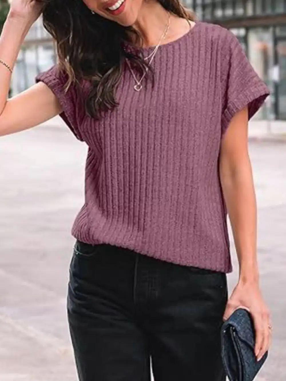 Casual Ribbed Knit Short Sleeve T Shirt