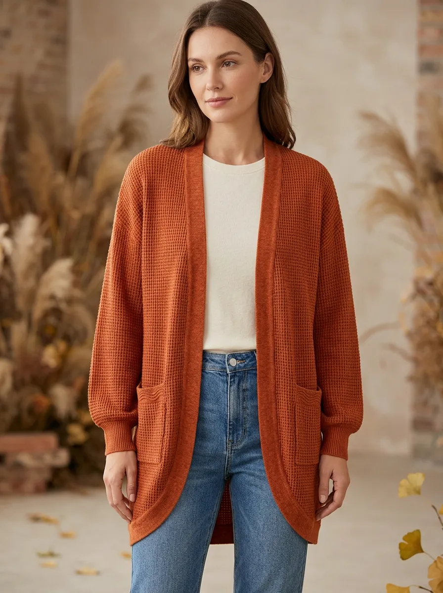 Everyday Waffle-Knit Knit Cardigan