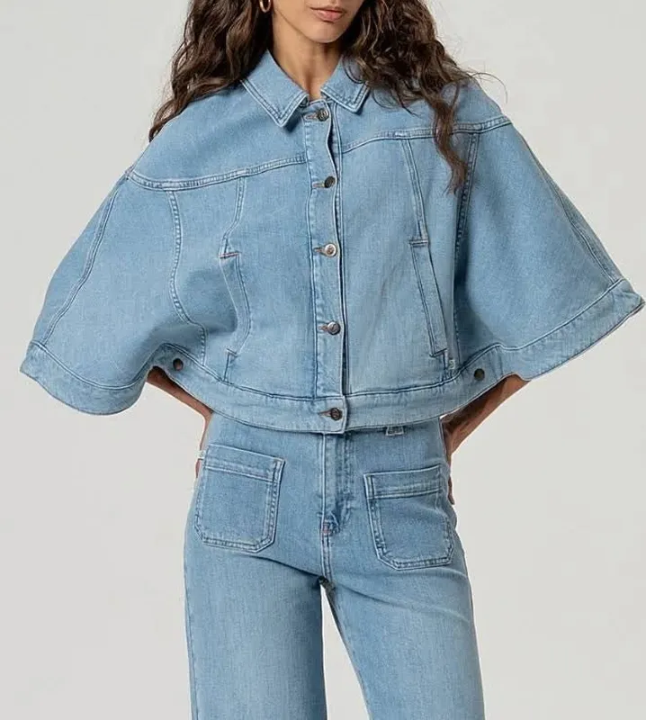Cotton Denim Collared Button-Front Cape