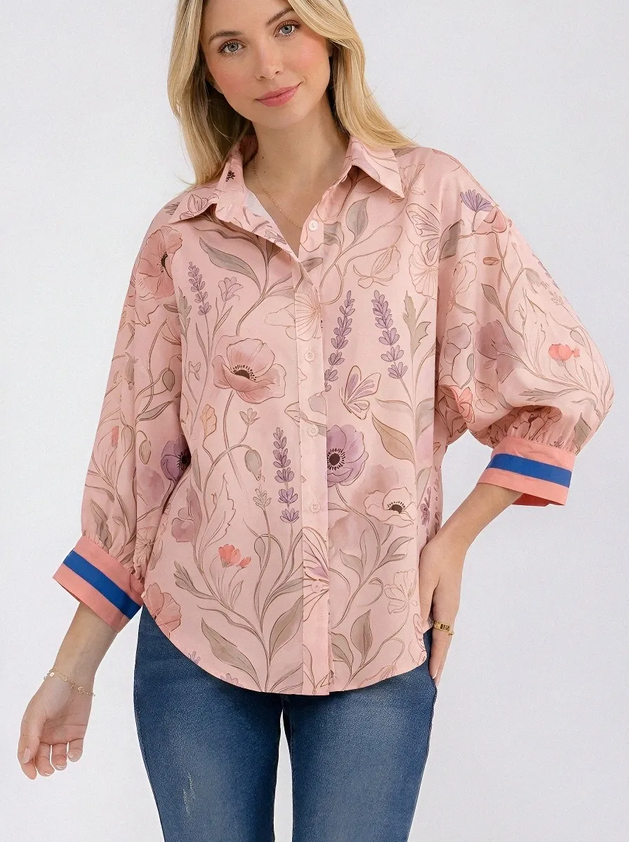 Women's Botanical Floral Lavender Printed Button-Up Shirt