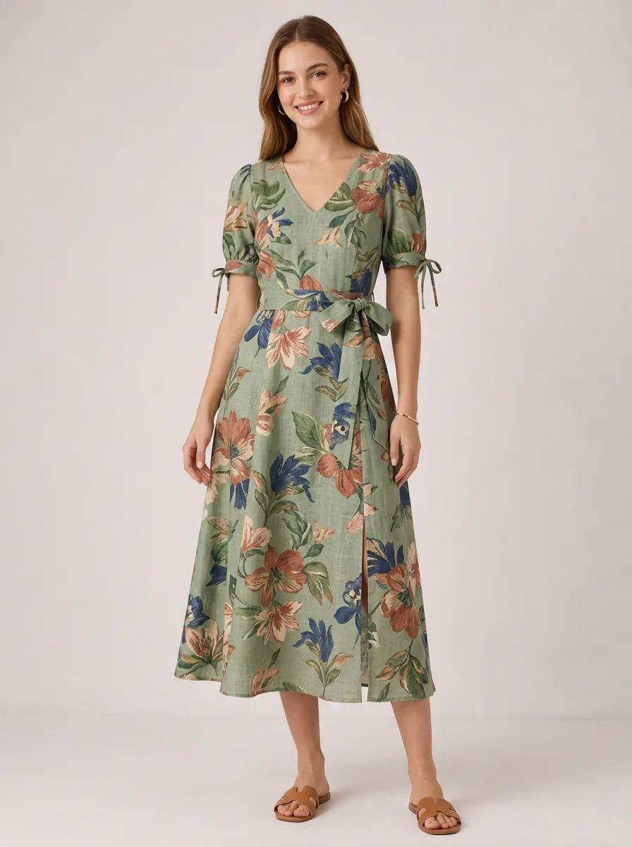 Women's Vintage Floral Botanical Printed V-Neck Midi Dress