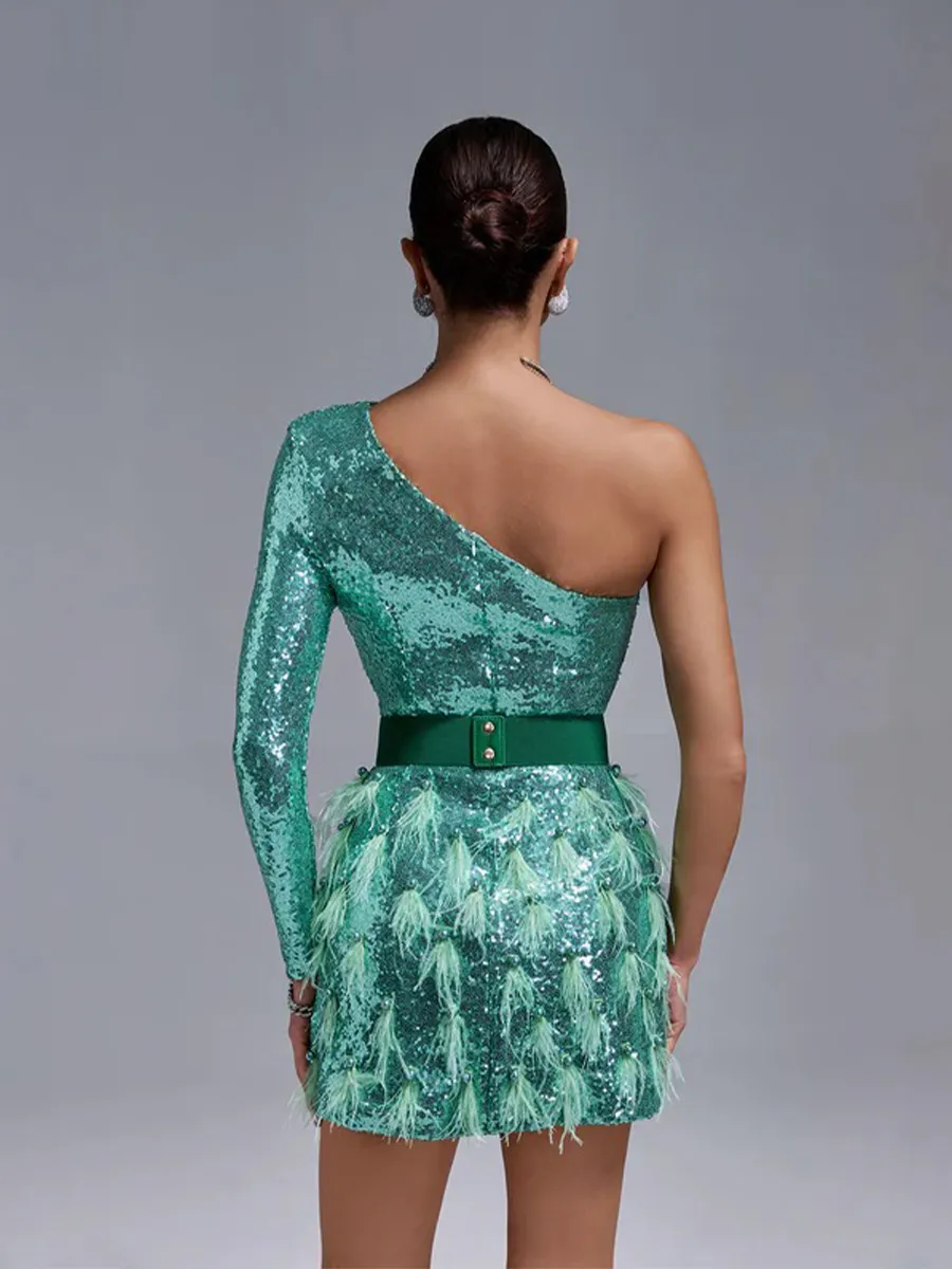 Adeline One Shoulder Sequins&Feather Cocktail Dress