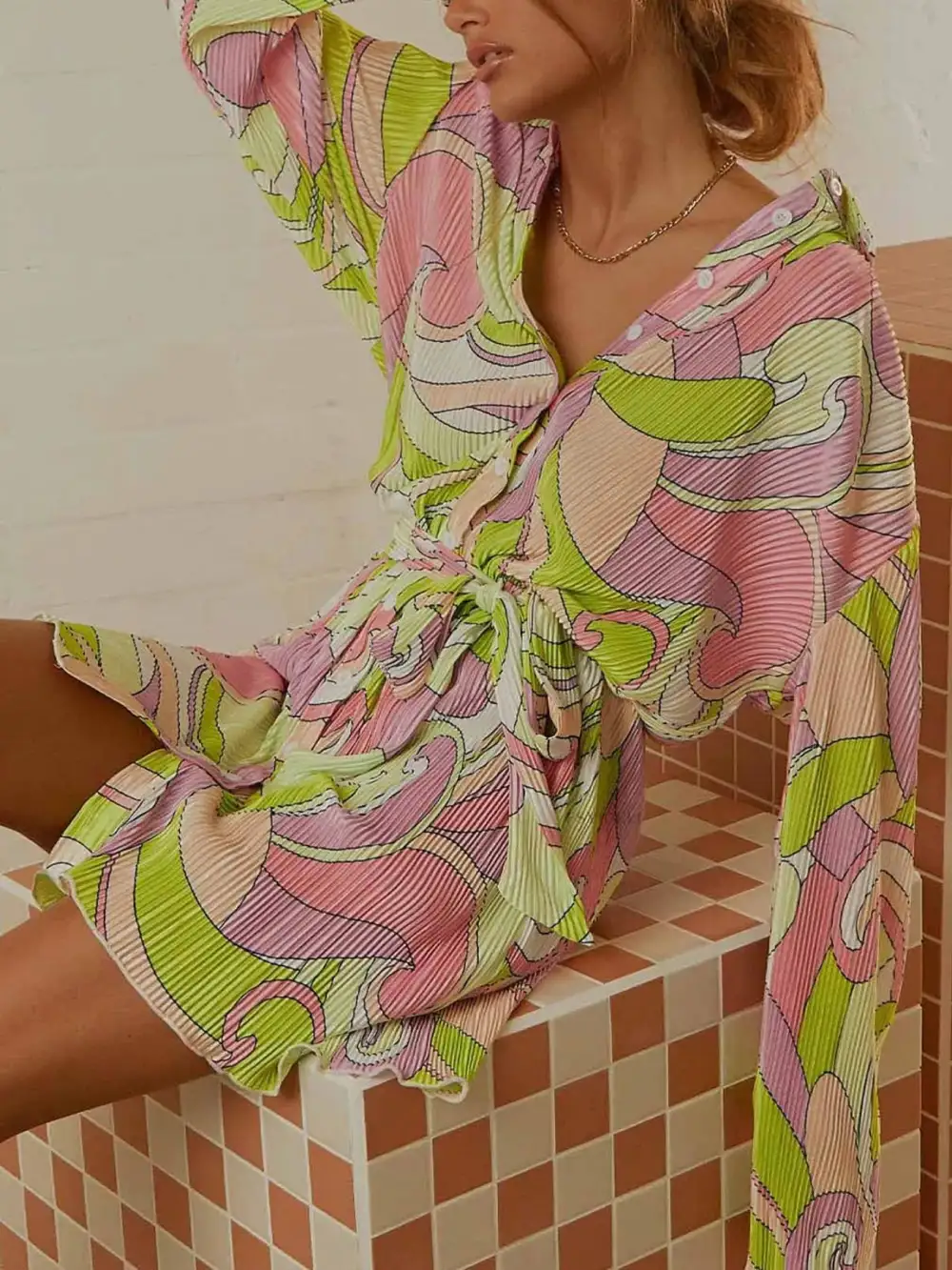 Long-Sleeve Cotton Printed Mini Dress