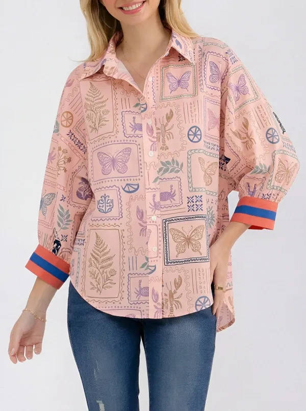 Women's Vintage Stamp Butterfly Botanical Printed Button-up Shirt