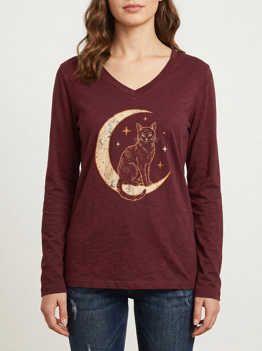 Women's Halloween Cat Lover Crescent Moon Stars Printed V-neck Long Sleeve T-shirt