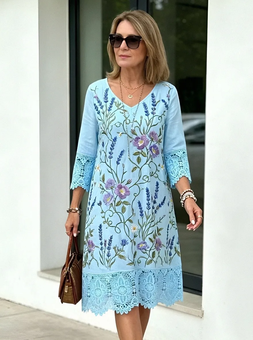 Women's Summer Vacation Lavender Floral Embroidered Lace Trimmed Dress