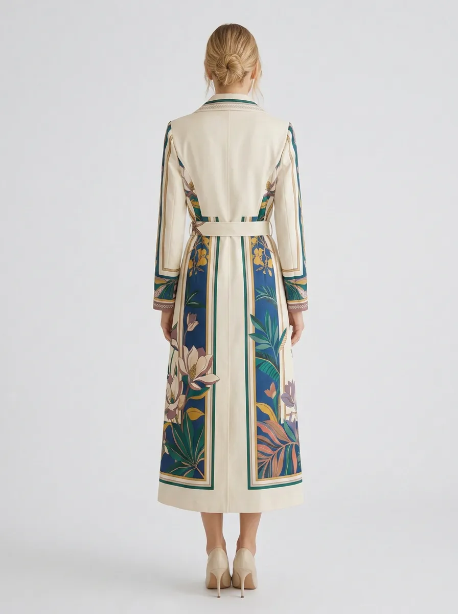 Women's Floral Botanical Art Printed Trench Coat