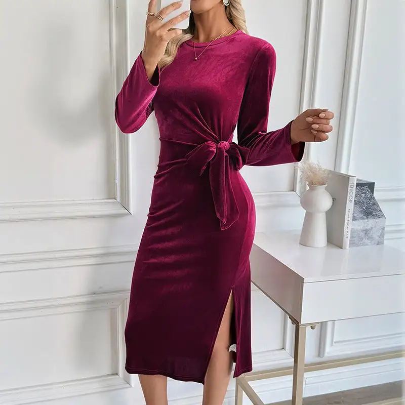Women's Wrap Long-Sleeve Slit Bridal Dress