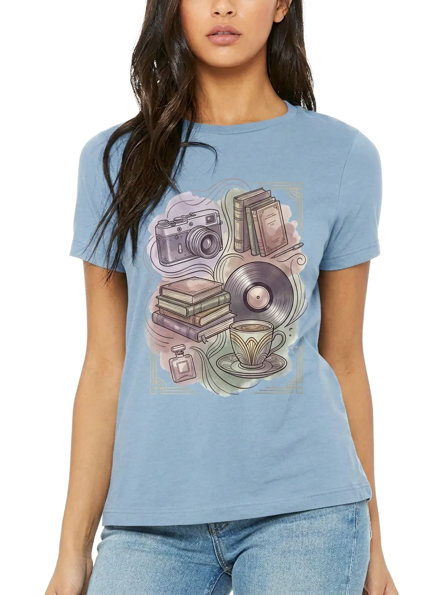 Women's Vintage Aesthetic Camera Books Vinyl Coffee Printed T-shirt