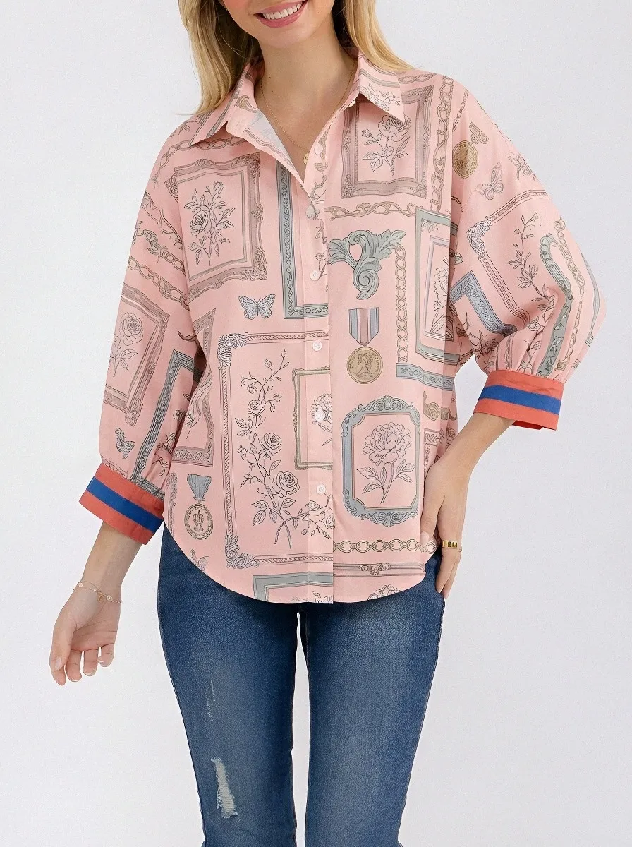 Women's Vintage Aesthetic Floral Frame Printed Button-up Shirt
