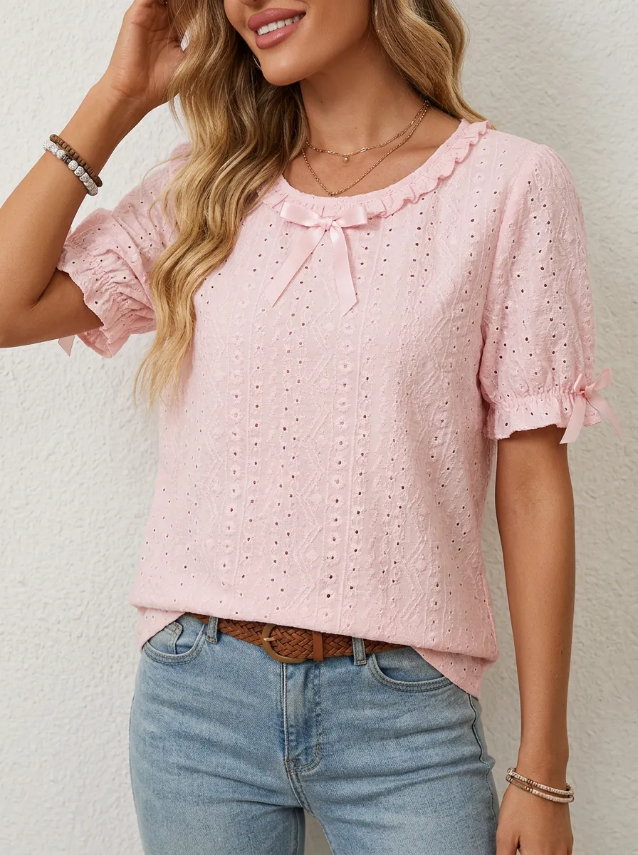 Women's Coquette Aesthetic Pink Bow Eyelet Printed Top