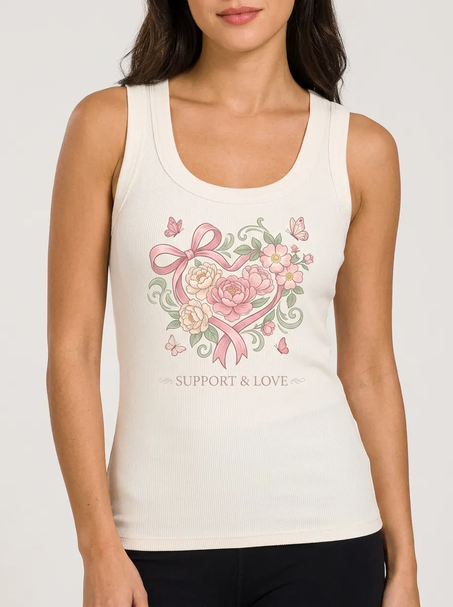 Women's Breast Cancer Awareness Floral Heart Ribbon Printed Tank Top