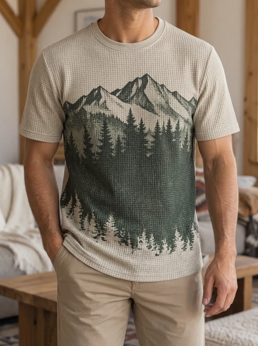 Men's Nature Lover Mountain Forest Waffle Classic Crew Neck T-Shirt