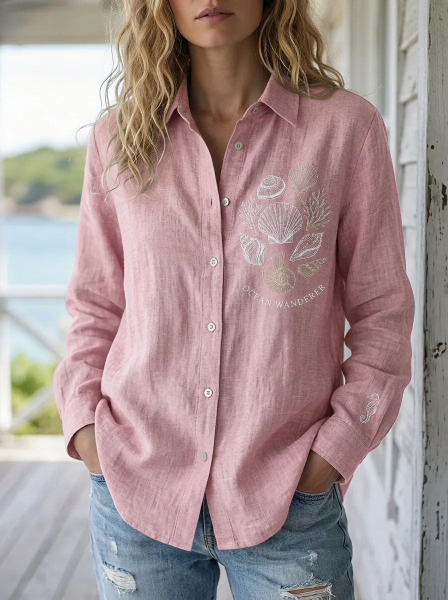 Women's Ocean Wanderer Seashell Coral Printed Linen Shirt