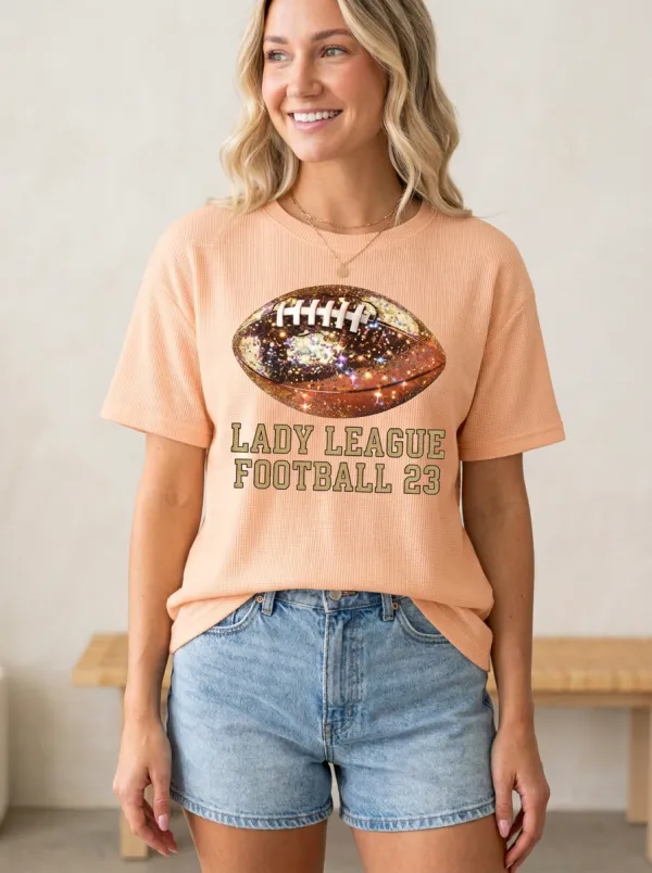 Women's Distinctive Football Ball Sparkle Crew Neck Graphic T-Shirt