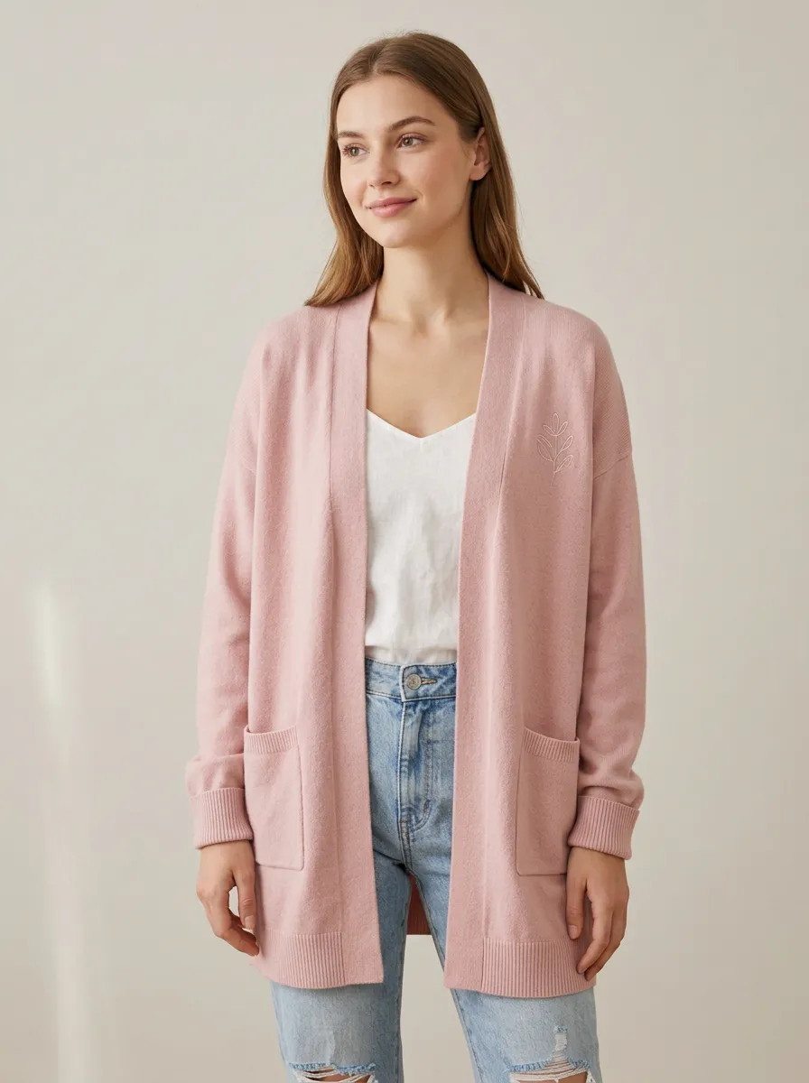Women's Minimalist Nature Lover Botanical Leaf Embroidered Pink Knit Cardigan