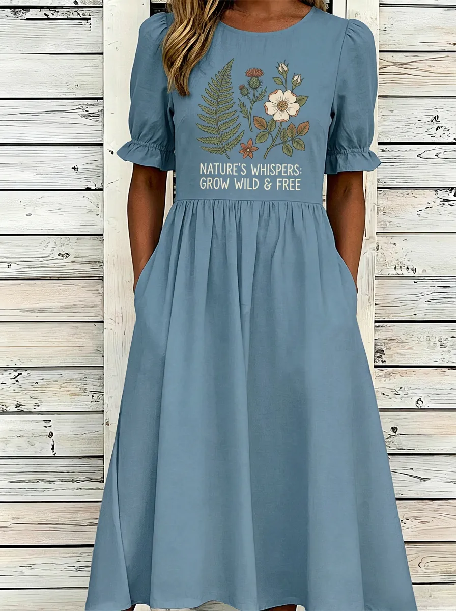Women's Nature Lover Fern Flower Printed Midi Dress