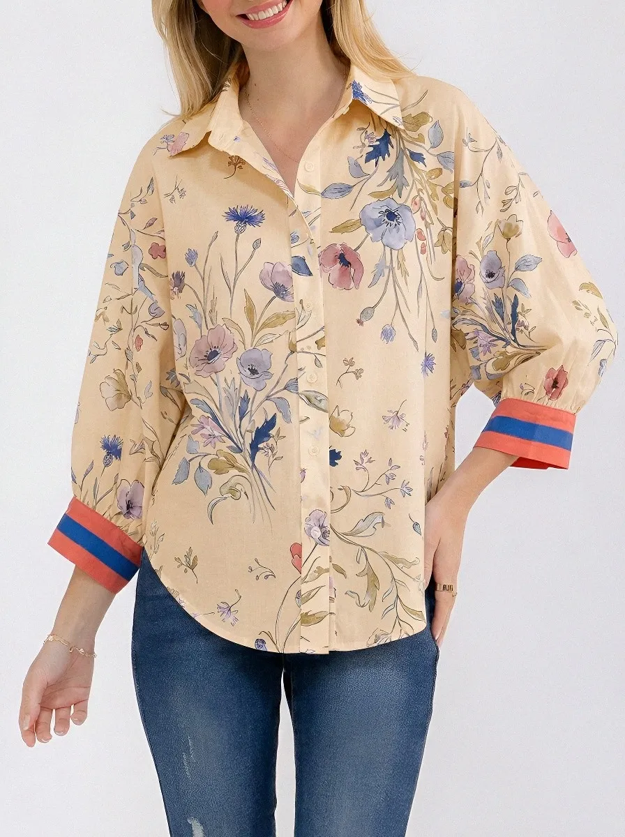 Women's Floral Botanical Print Contrast Cuff Button-Down Shirt