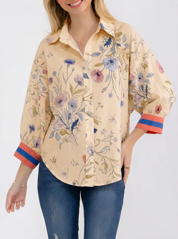 Women's Floral Botanical Print Contrast Cuff Button-Down Shirt