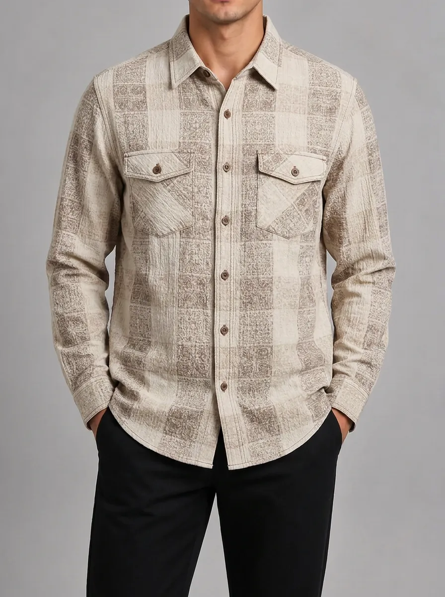 Men's Casual Beige Plaid Pattern Printed Button-Down Shirt