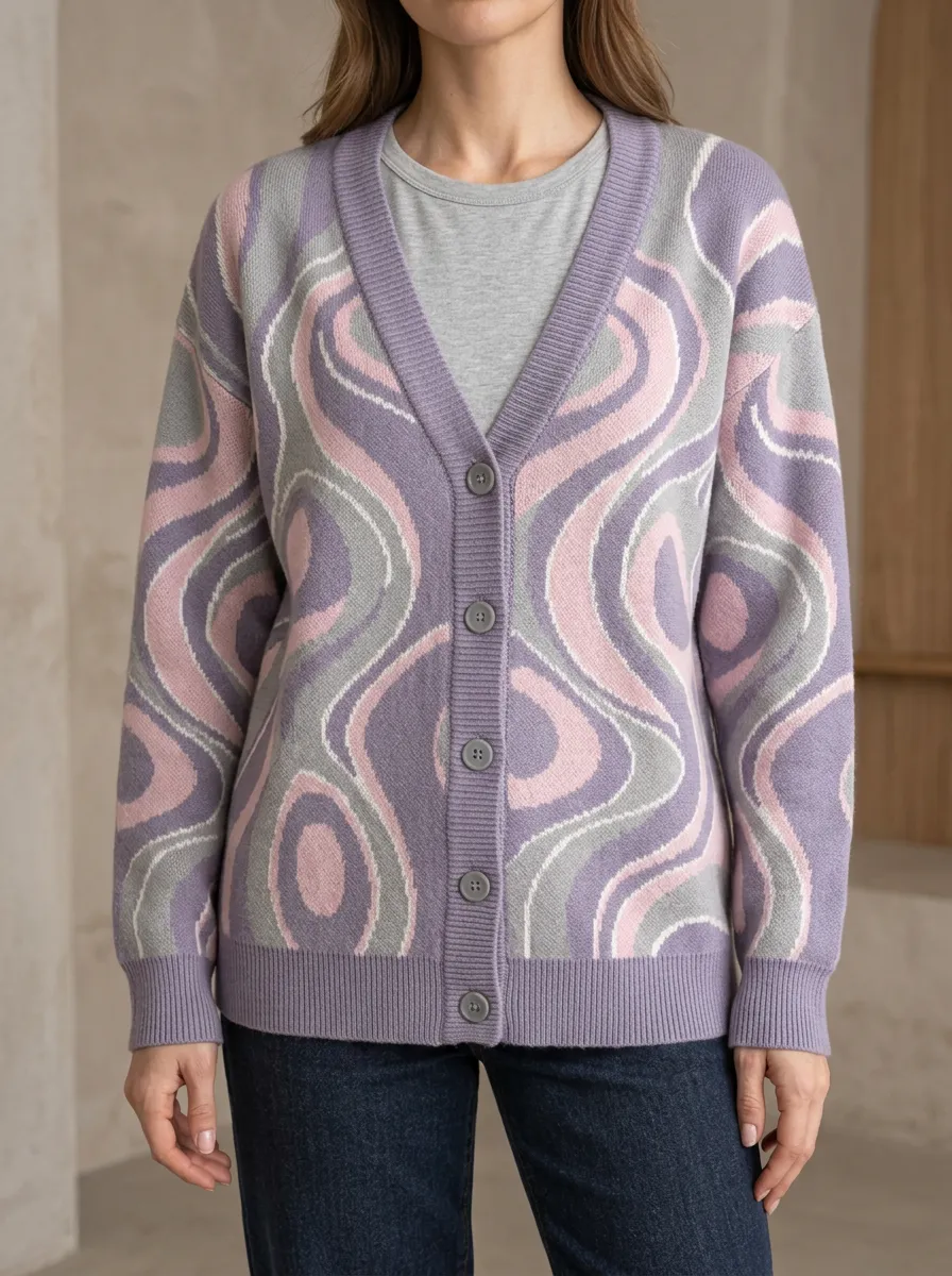 Women's Abstract Swirl Pattern Printed V-Neck Wardrobe Layering Cardigan