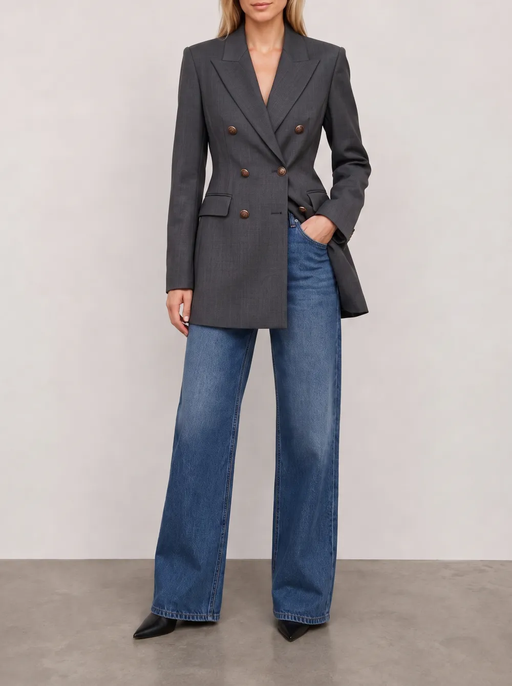 Women's Business Casual Grey Double-Breasted Tailored Blazer