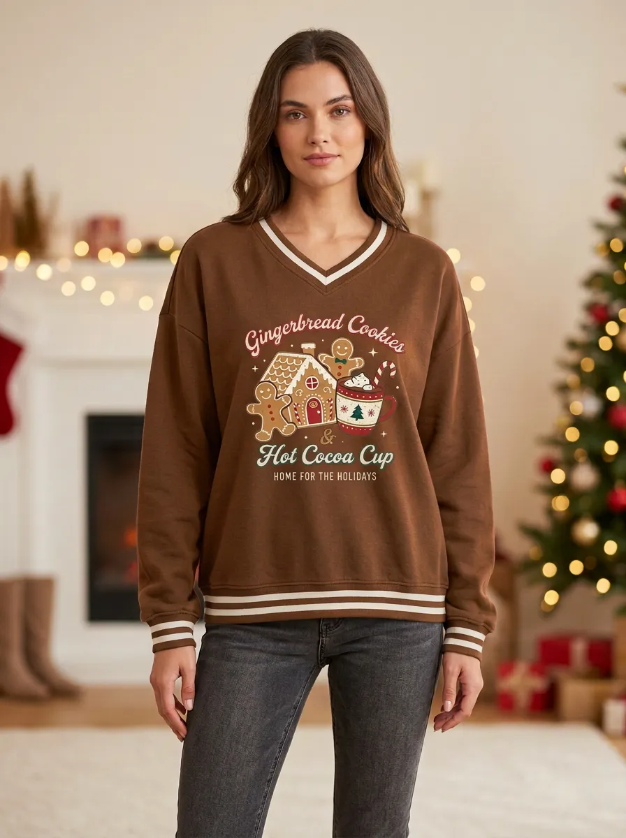 Christmas Gingerbread House Hot Cocoa Print Sweatshirt