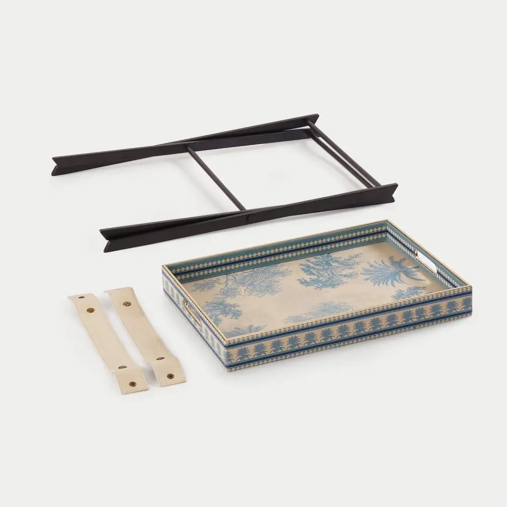 Blue Handled Faux Leather Serving Tray
