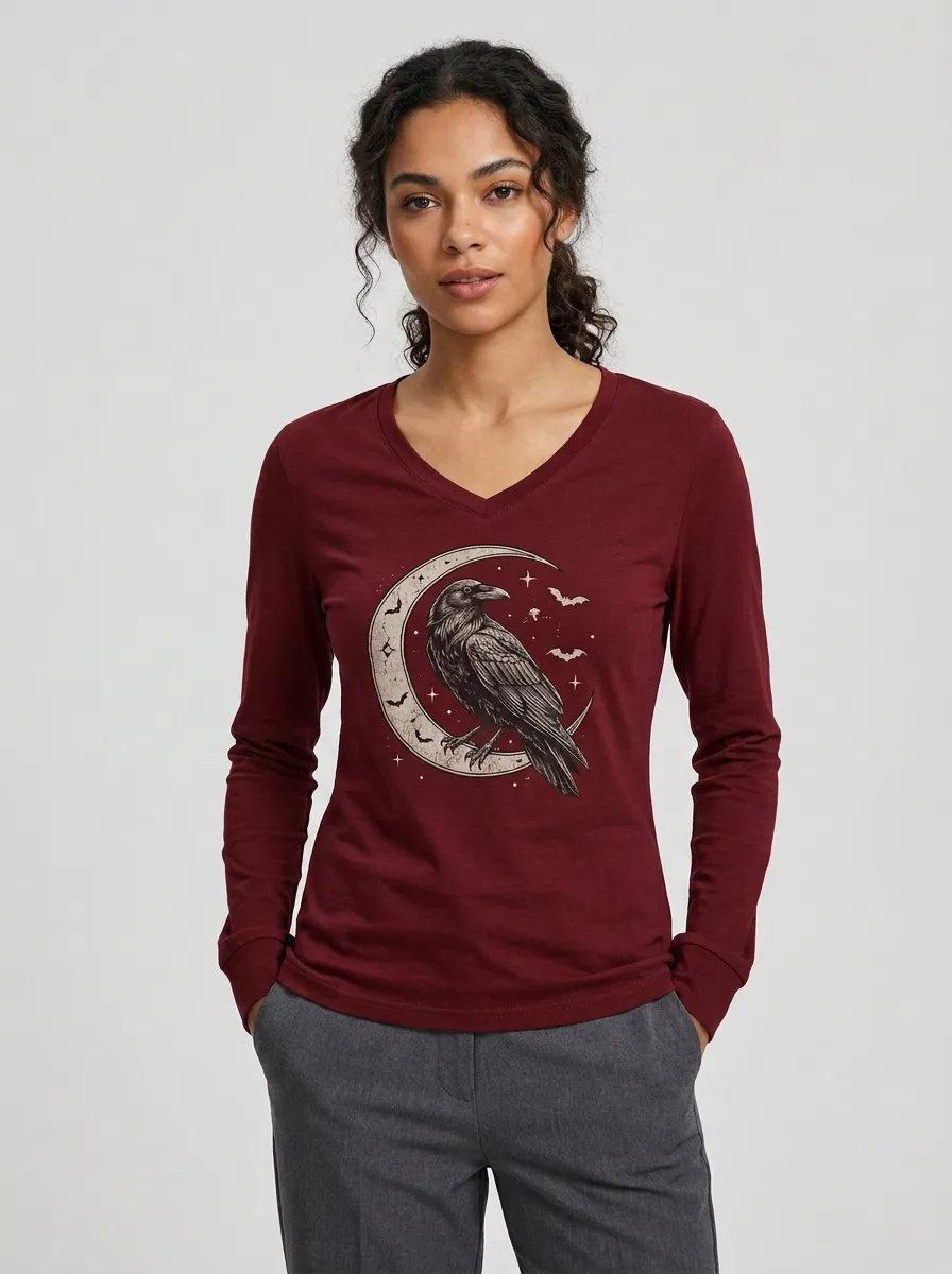 Women's Halloween Gothic Raven Moon Printed V-neck Long Sleeve T-shirt