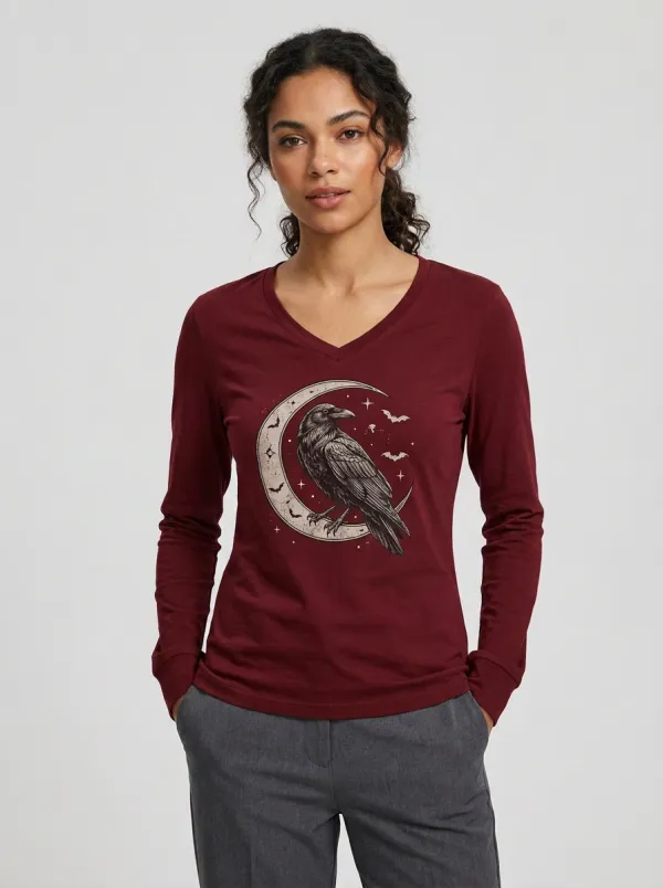 Women's Halloween Gothic Raven Moon Printed V-neck Long Sleeve T-shirt