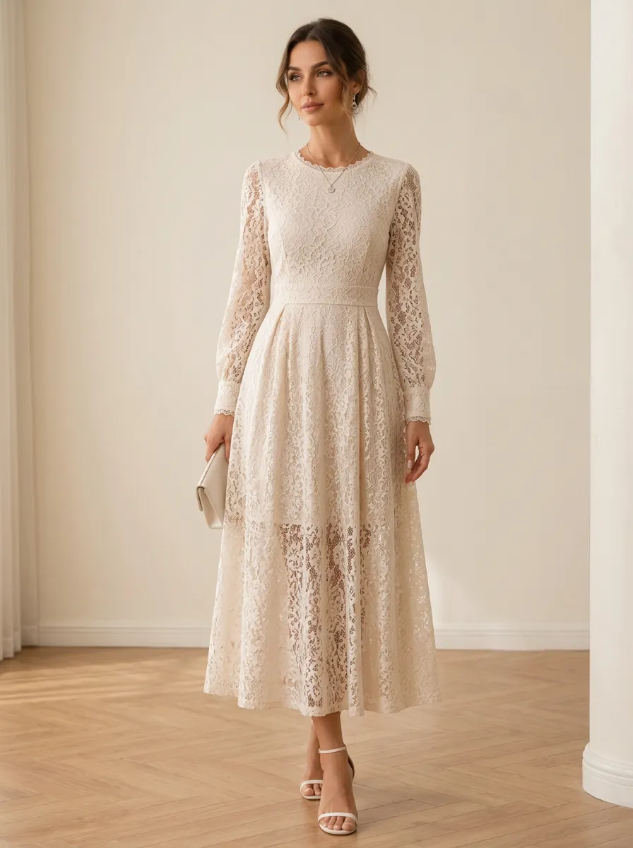 Women's Elegant Wedding Floral Lace Long Sleeve Midi Dress