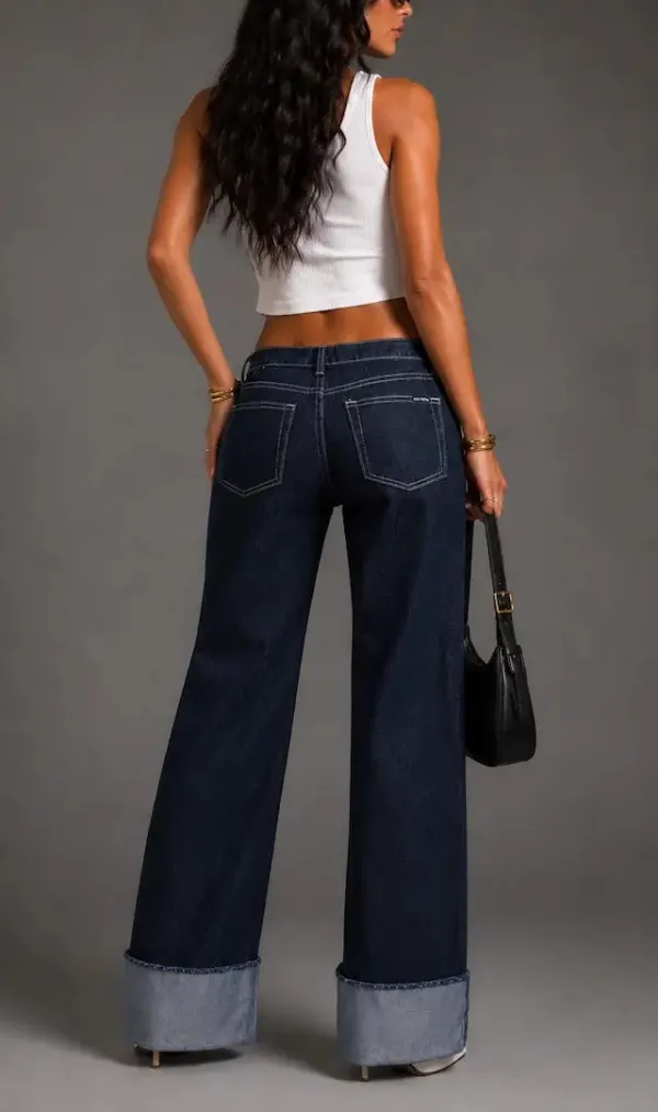 Wide Leg Cuffed Low Rise Western Style Denim Jeans