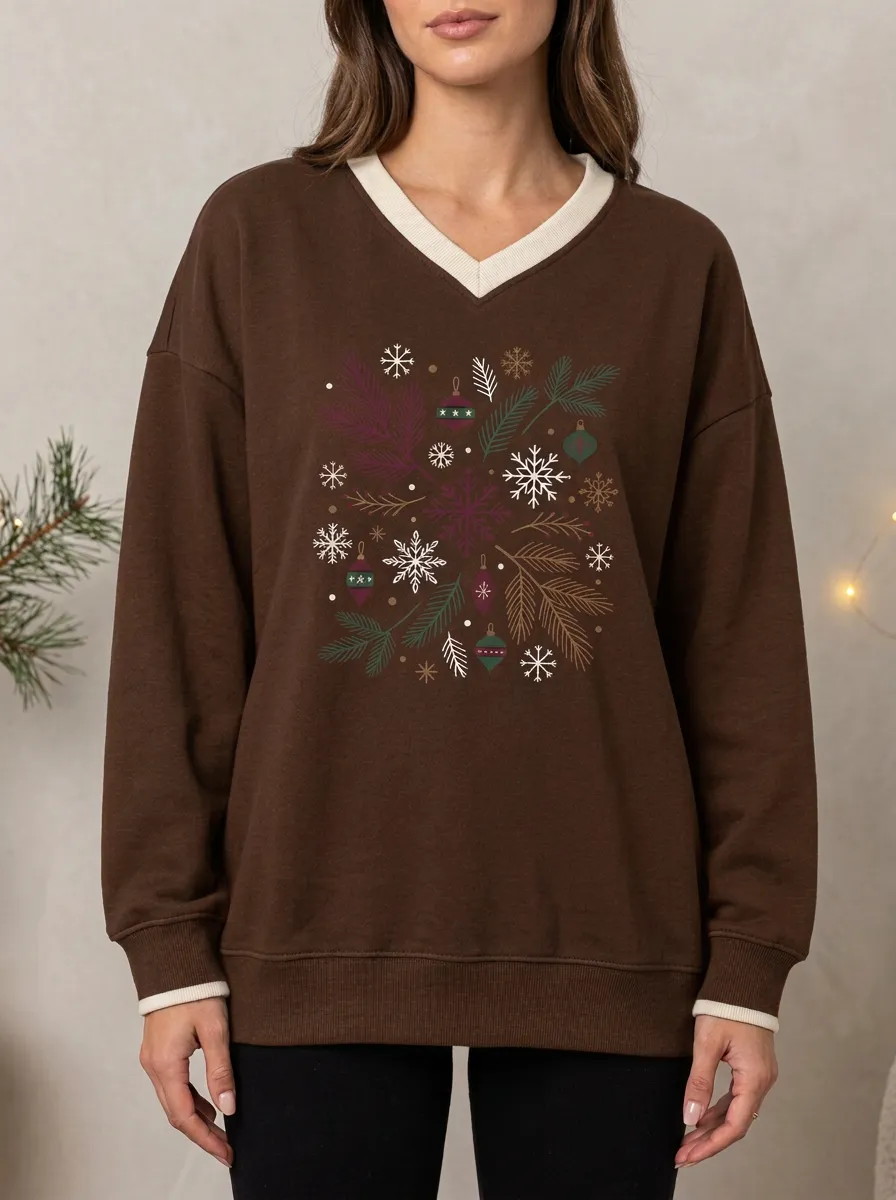 Christmas Holiday Snowflake Pine Branch Print Sweatshirt