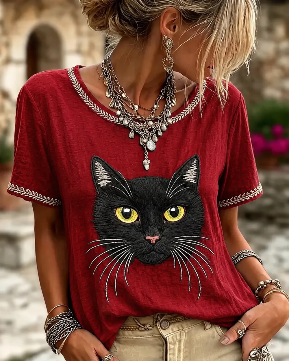 Women's Vintage Black Cat Face Art Linen Round Neck Short Sleeves Top