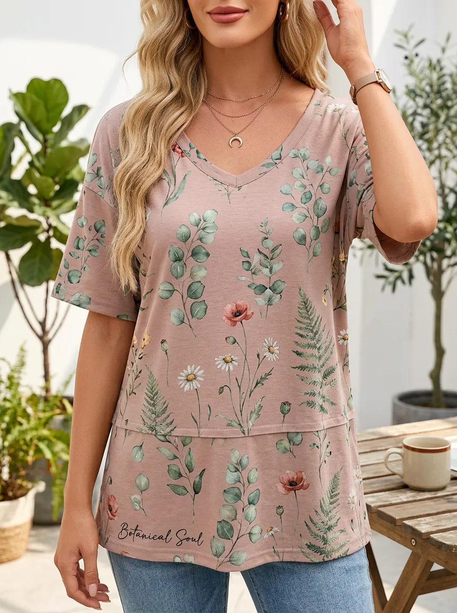 Women's Botanical Soul Floral Fern Printed V-Neck T-Shirt