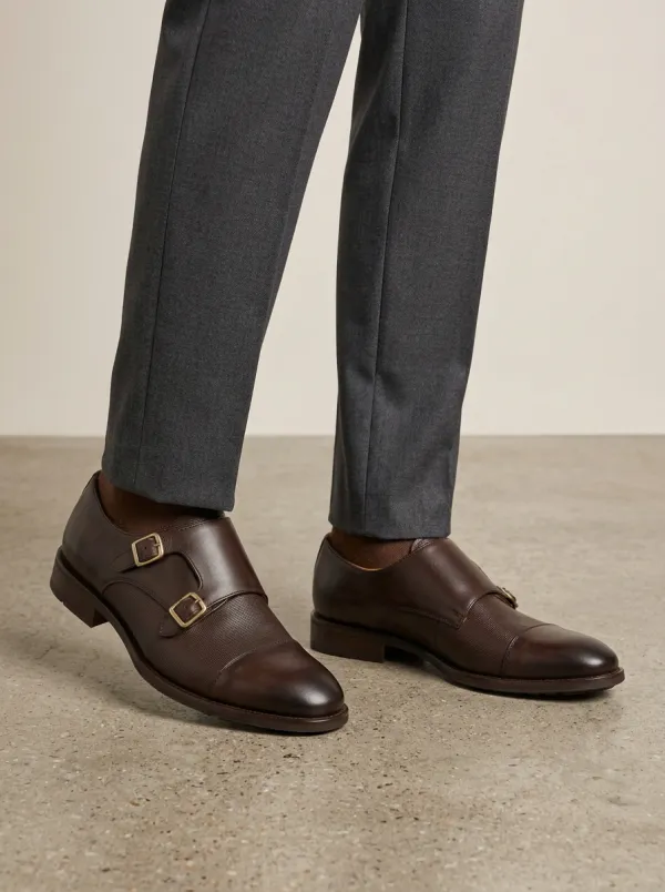 Men's Classic Business Formal Textured Double Monk Strap Leather Shoes