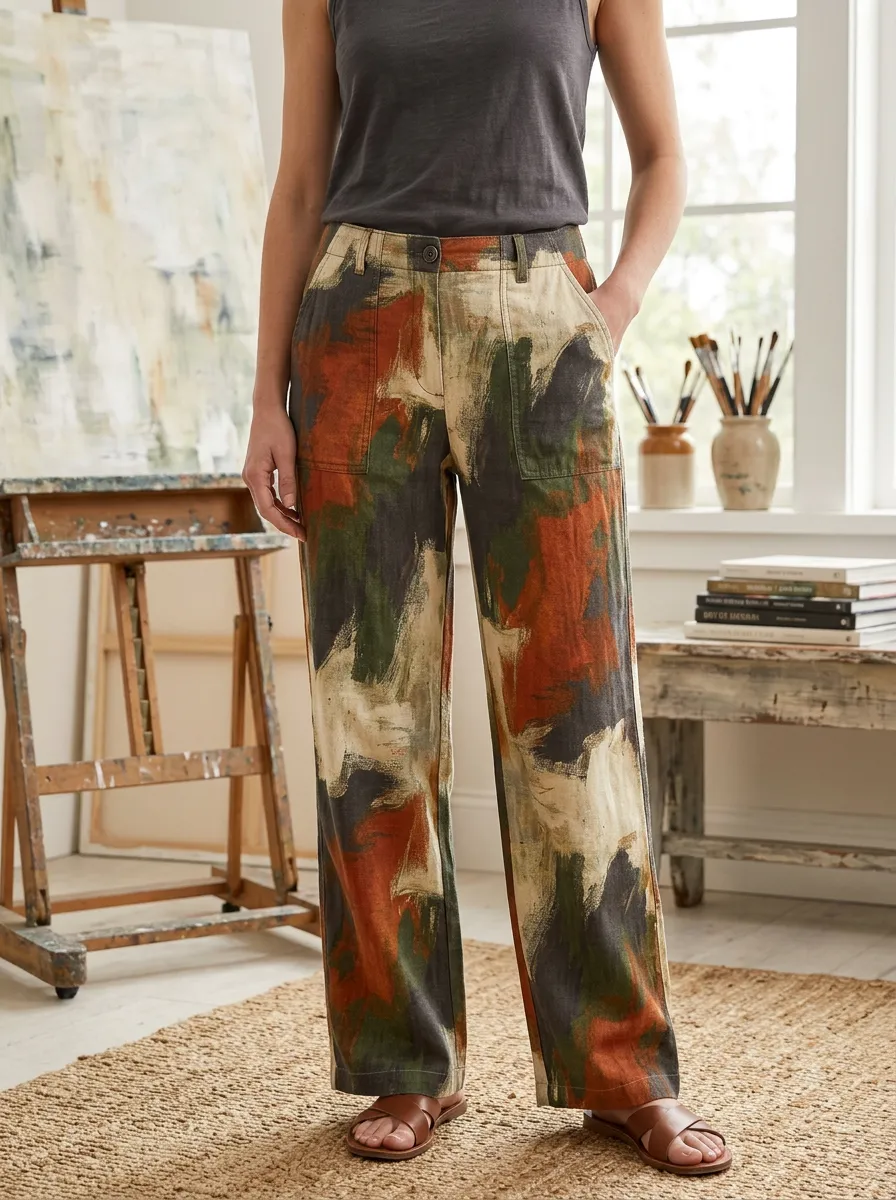 Women's Relaxed Abstract Art Lover Earth Tone Brushstroke Printed Pants