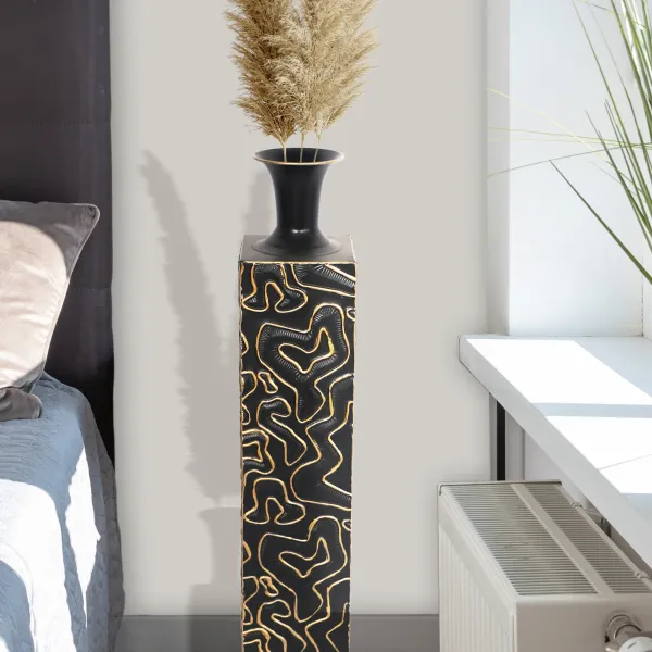 Tall Black and Gold Patterned Pedestal with Vase, Home Decor for Luxurious and Artistic Display