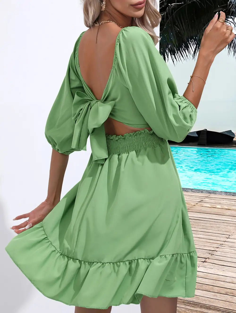 Square Neckline Ruffled Tie Up Mini Dress