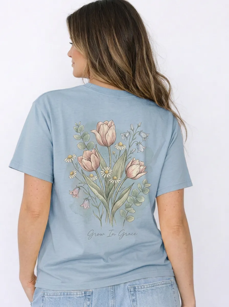 Women's Floral Grow In Grace Watercolor Tulip Printed T-shirt