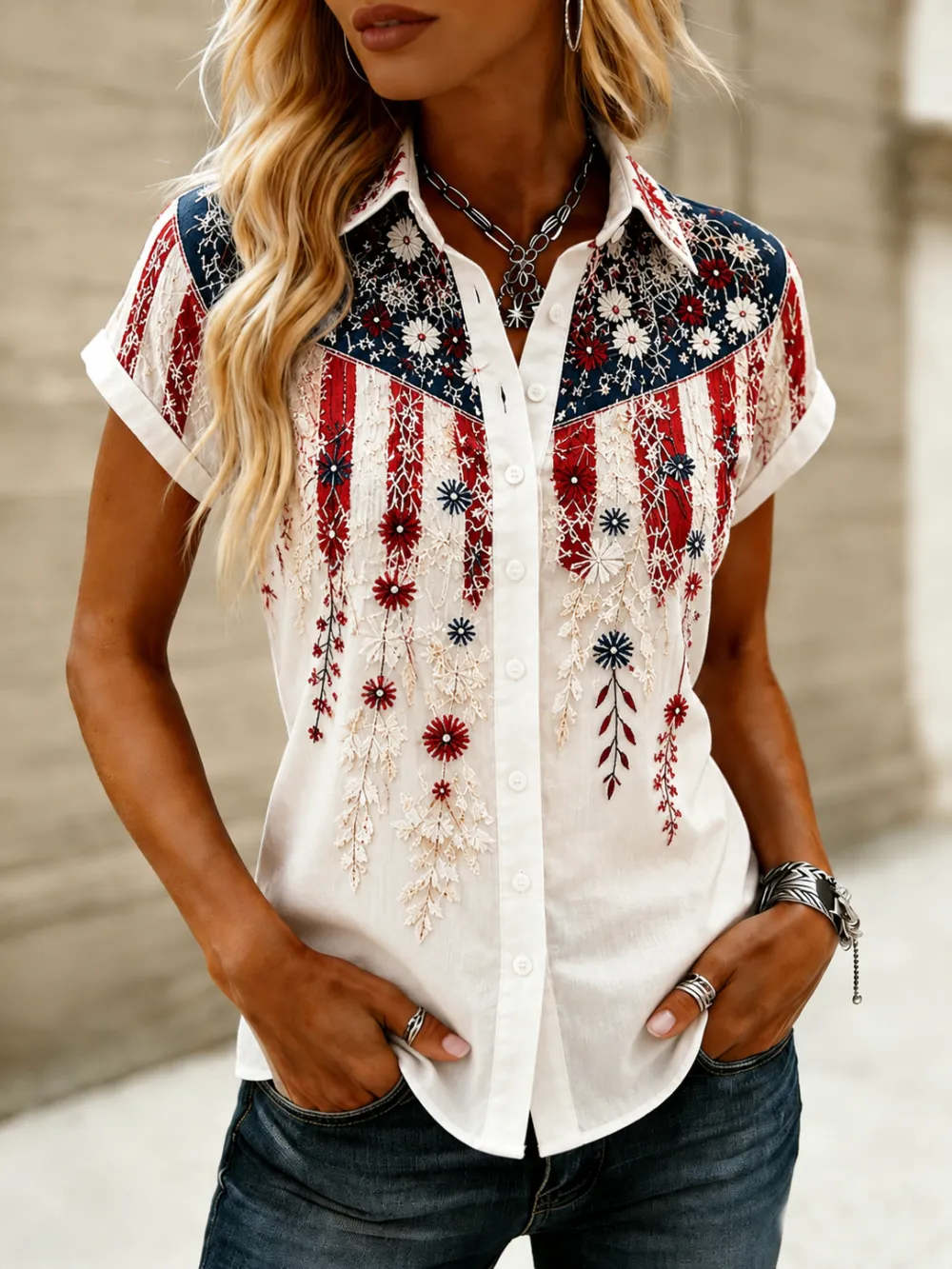 Women's American Flag Floral Embroidery Lapel Short Sleeve Button Down Shirt