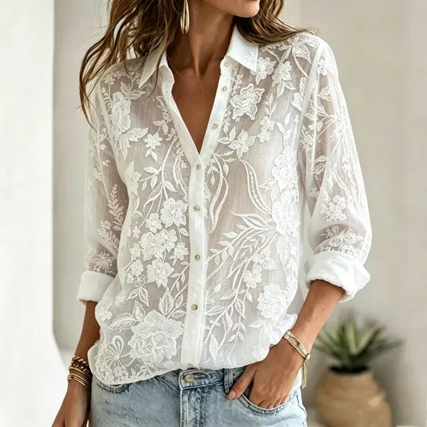 Women's Floral Embroidery Pattern Casual Linen Shirt
