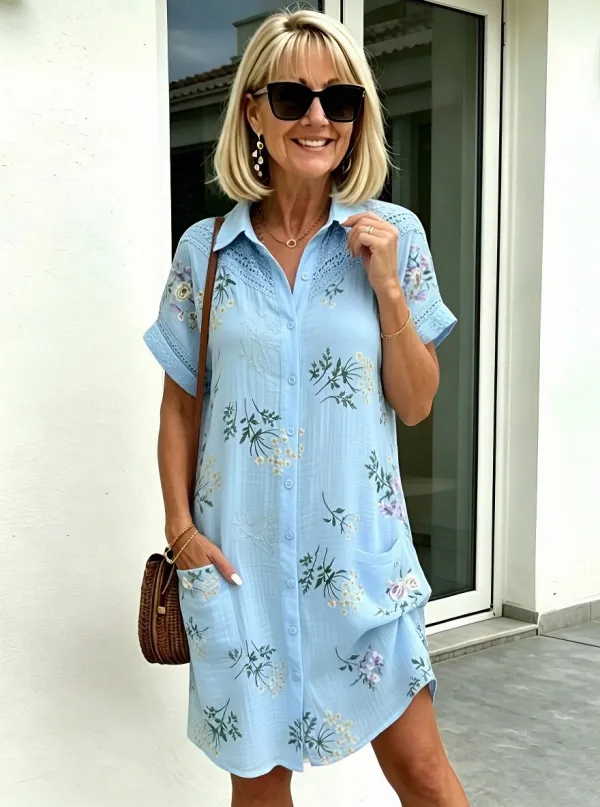Women's Summer Vacation Floral Embroidered Printed Shirt Dress