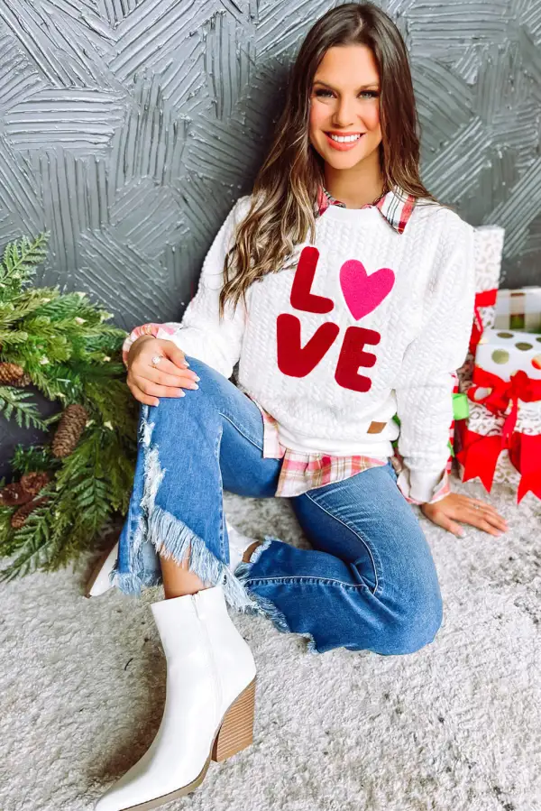 LOVE Chenille Embroidered Cable Knit Sweatshirt