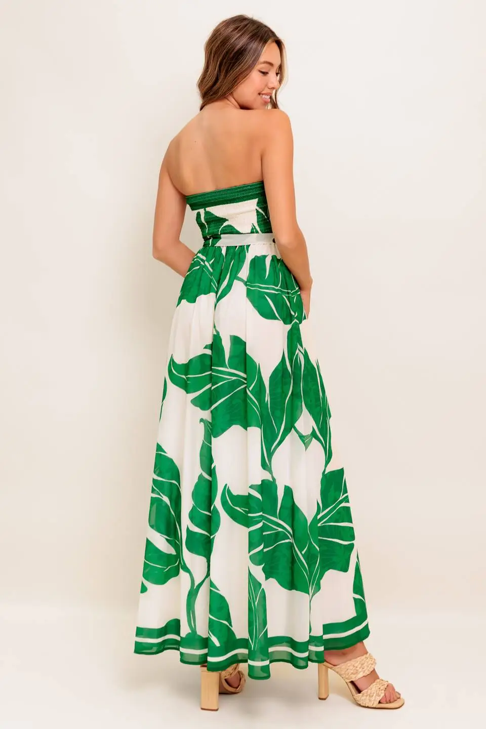 Smocked Strapless Printed Maxi Dress