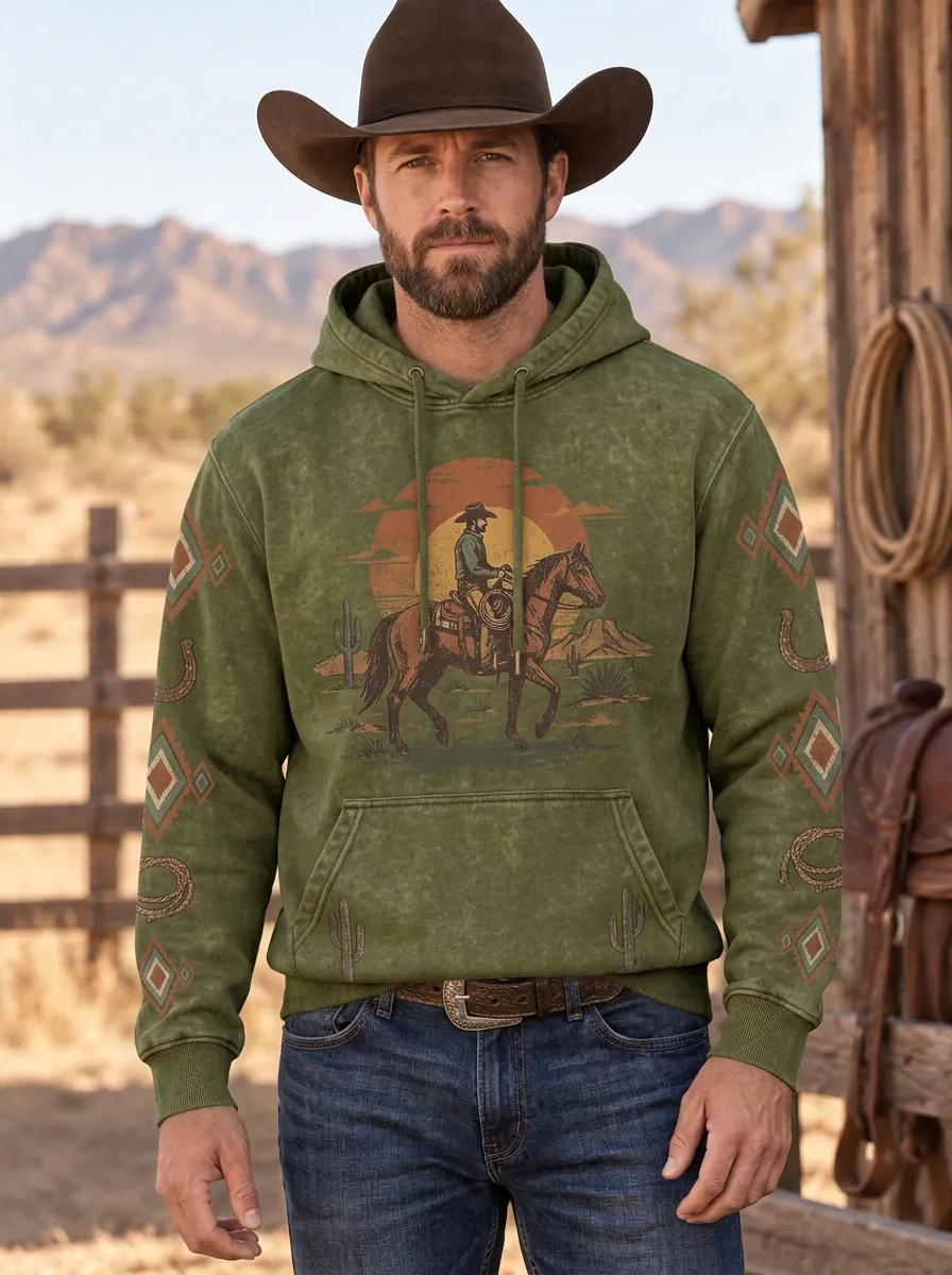 Men's Classic Western Cowboy Horse Sunset Sun Graphic Hoodie