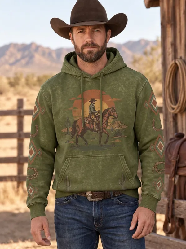 Men's Classic Western Cowboy Horse Sunset Sun Graphic Hoodie