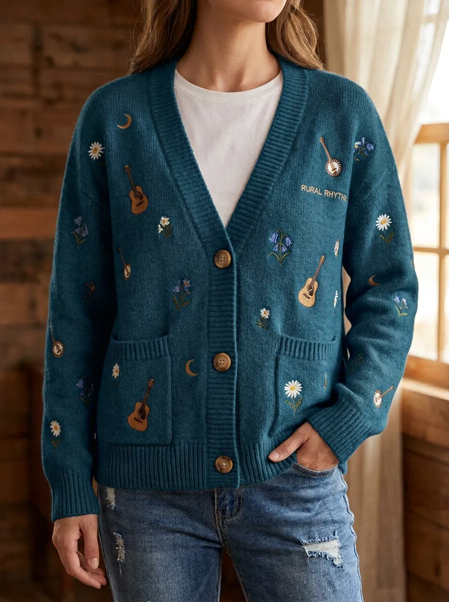 Countryside Guitar Floral Women's Country Music Casual Cardigan