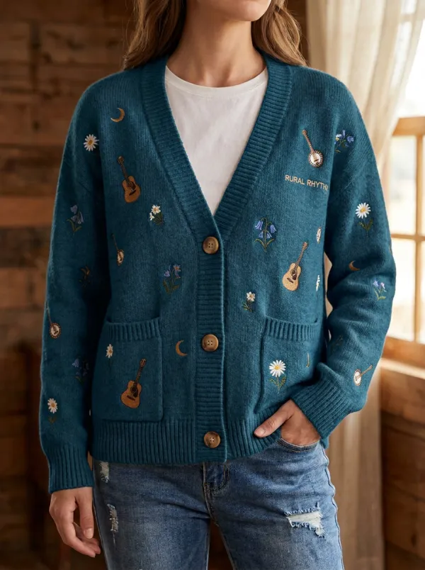Countryside Guitar Floral Women's Country Music Casual Cardigan